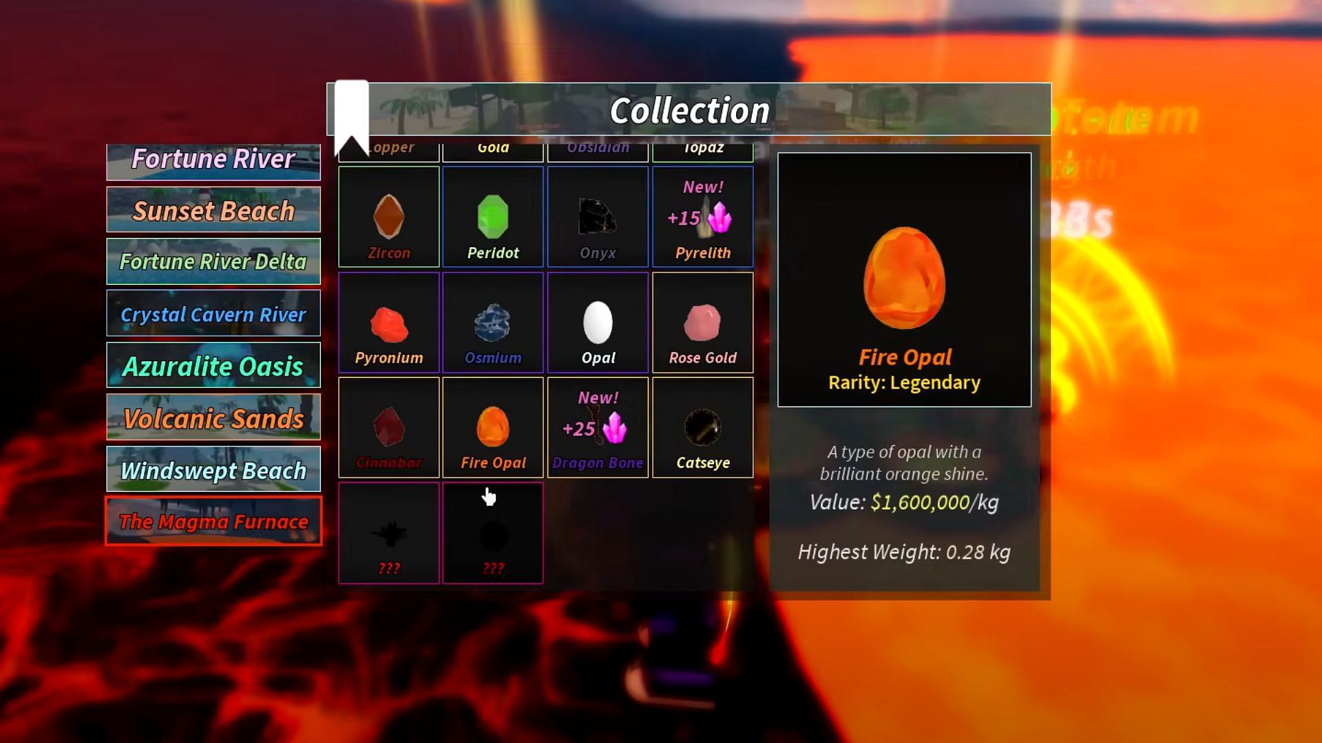 The Fire Opal is a Legendary Mineral (Image via Roblox)